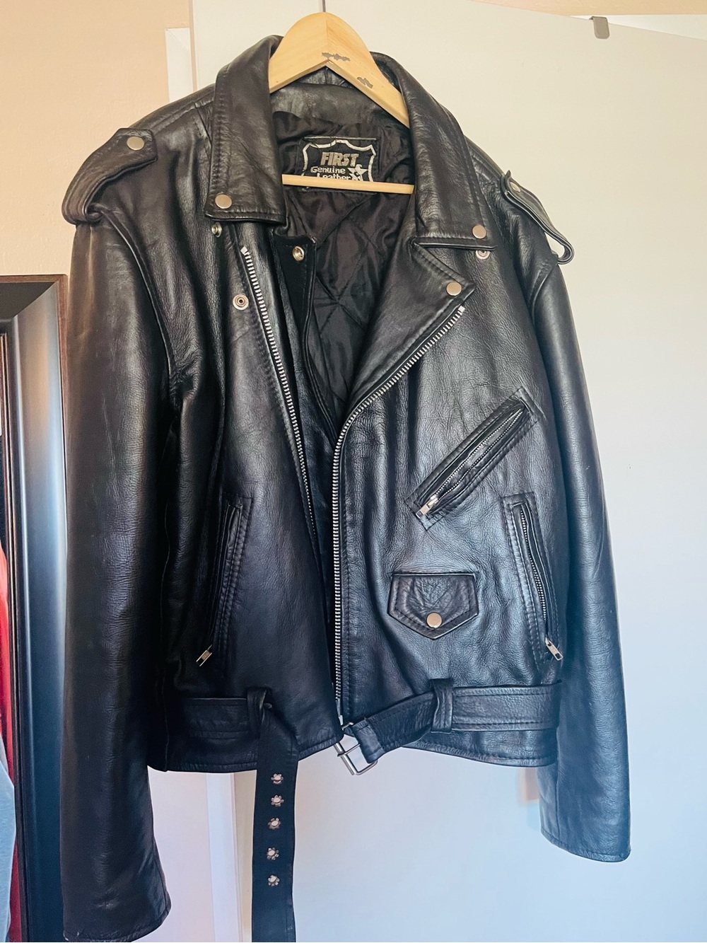 First Genuine Leather Bikers Jacket with Asymmetric Zip - First L